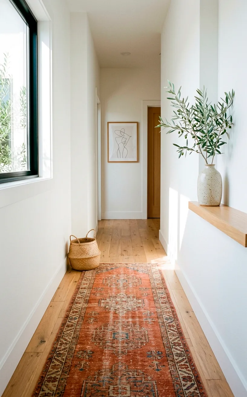 Faded terracotta vintage runner rug in a bright Scandinavian hallway.