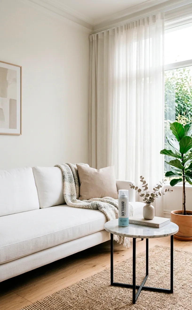 Fabric protector spray sitting on a side table next to a white sofa