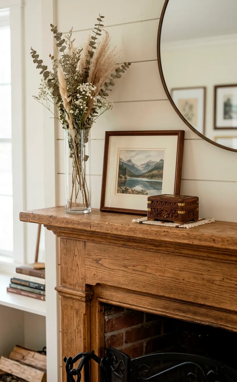 Wooden fireplace mantle showing a layered grouping of three decorative objects.