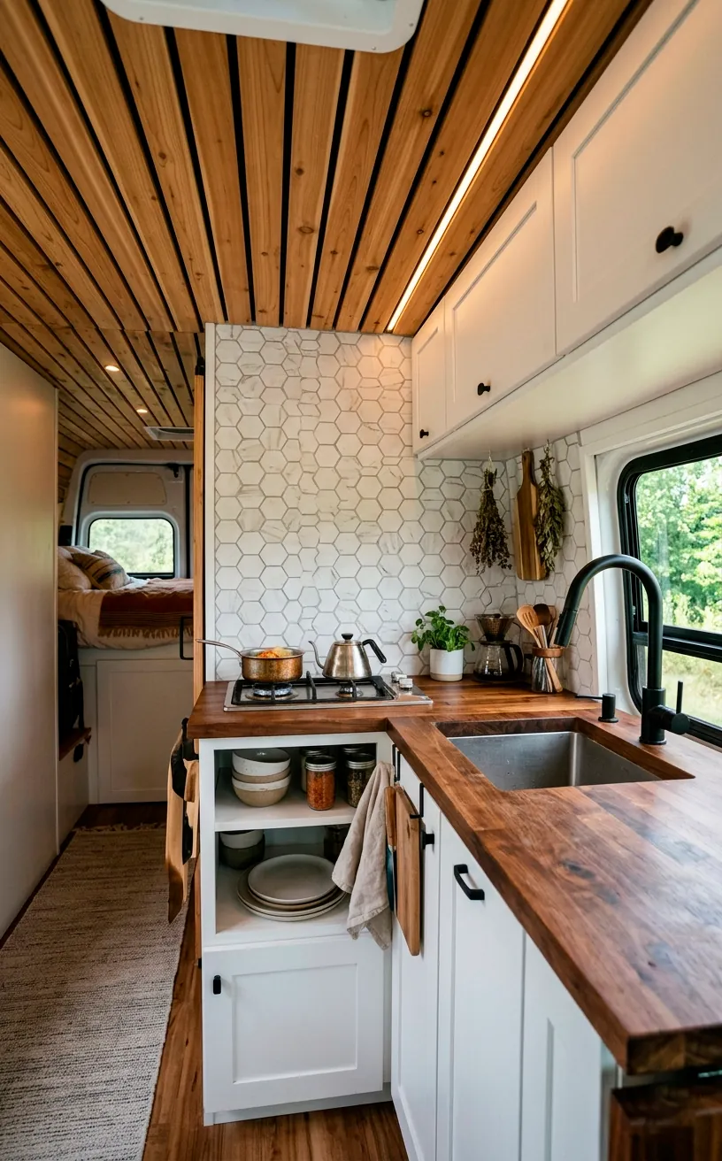 Van kitchen featuring a butcher block counter, stone backsplash, and cedar ceiling.