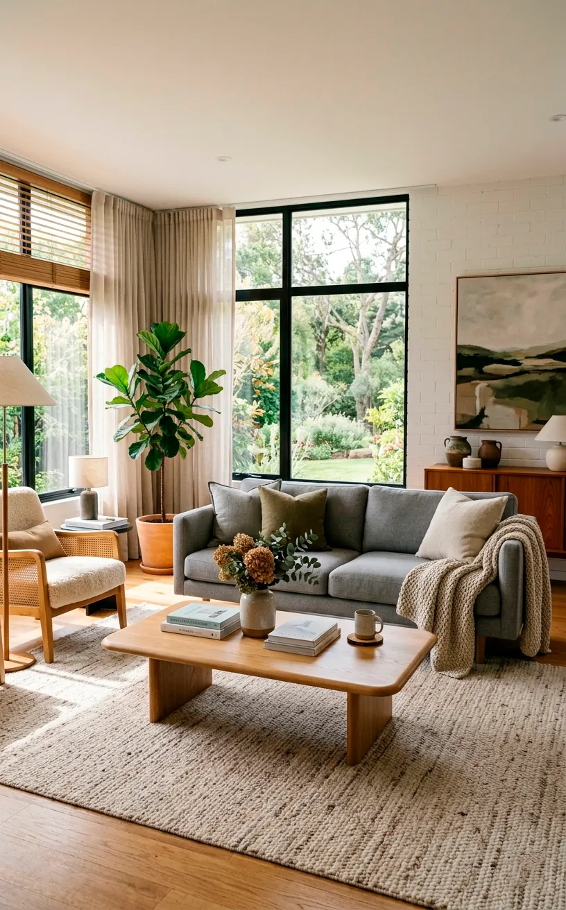 A perfectly laid out living room with a floating grey sofa and low profile oak coffee table.