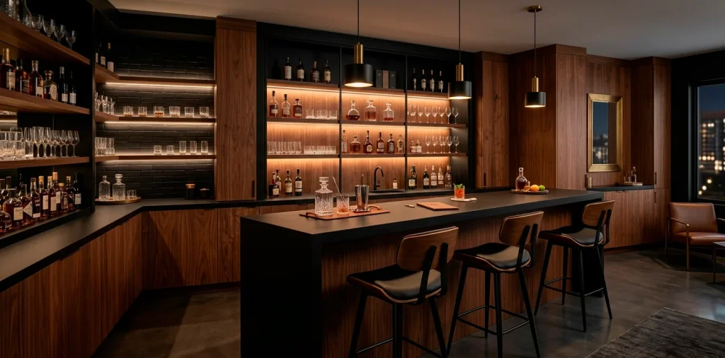 Modern home bar featuring rich warm wood cabinetry contrasted with sleek matte black countertops and bar stools.