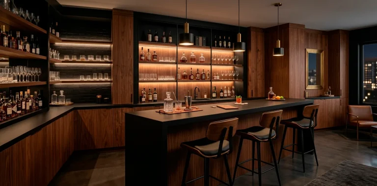 Modern home bar featuring rich warm wood cabinetry contrasted with sleek matte black countertops and bar stools.