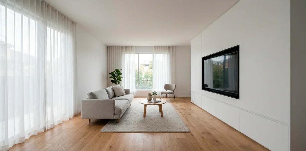 Crisp white minimal TV wall in a modern sunlit living room with natural wood floors and hidden cable storage.
