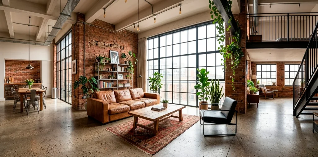 Stunning industrial loft living room featuring exposed brick walls, polished concrete floors, and a vintage leather sofa.