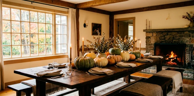 Elegant seasonal dining table featuring a rustic centerpiece with heirloom pumpkins and brass candlesticks.