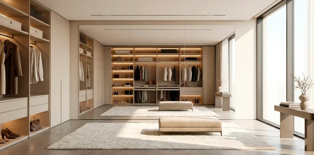 Wide panoramic view of a modern luxury dressing room with a large frameless mirror and LED lighting.