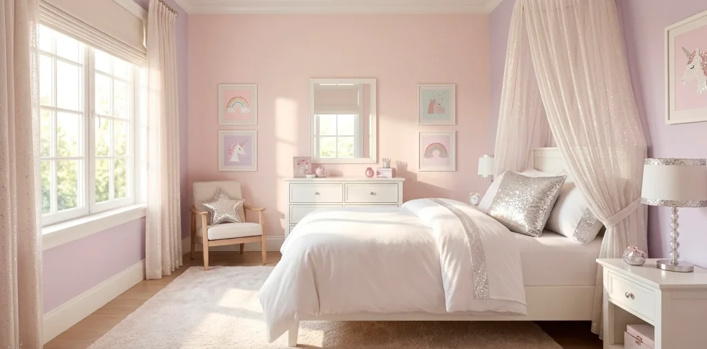 Beautifully styled girls bedroom with bright natural light and tasteful sequin decor elements on the bed and windows