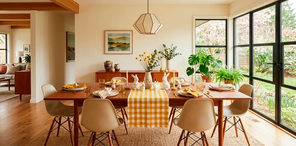 Cozy retro Easter dining table set with mustard and cream accents, ceramic bunnies, and spring florals.