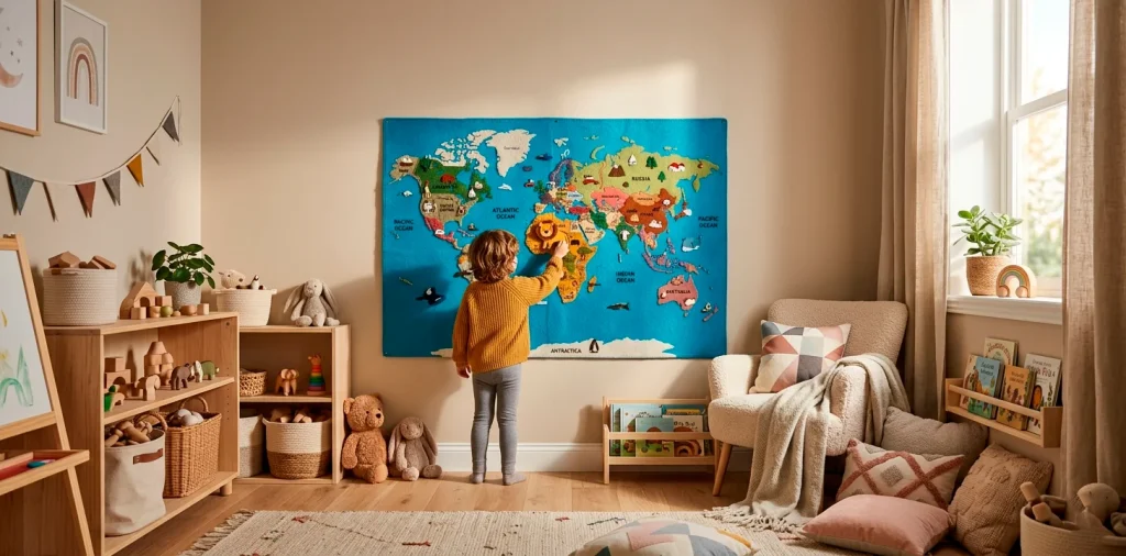 Beautifully styled modern kids playroom featuring a large textured felt world map on a neutral wall.