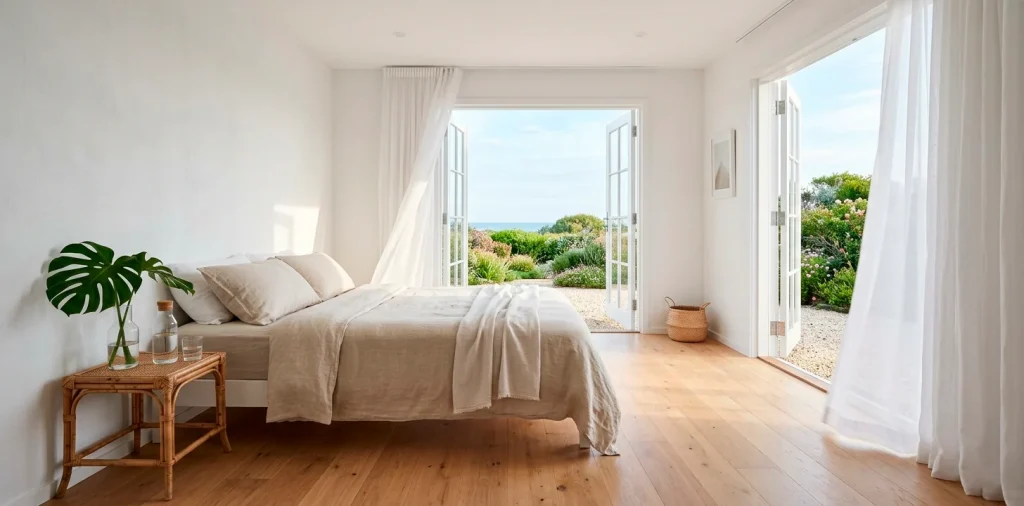 Minimalist summer guest house interior with a low-profile linen bed, light oak floors, and open French doors.