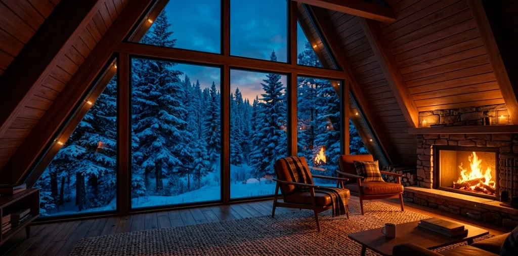 Cozy interior of a modern A-frame mountain retreat with floor-to-ceiling windows facing a snowy forest