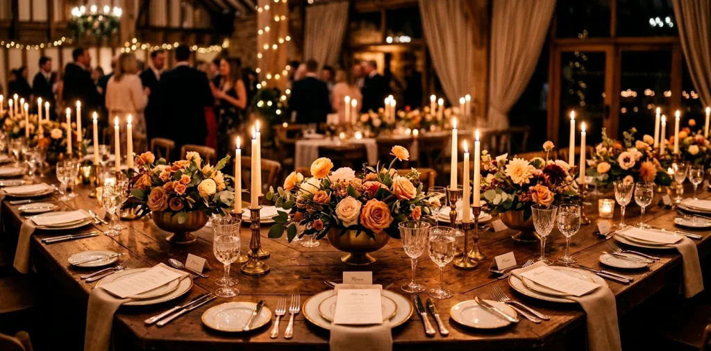 A beautifully set wooden wedding table featuring a low profile floral centerpiece and elegant glowing taper candles.