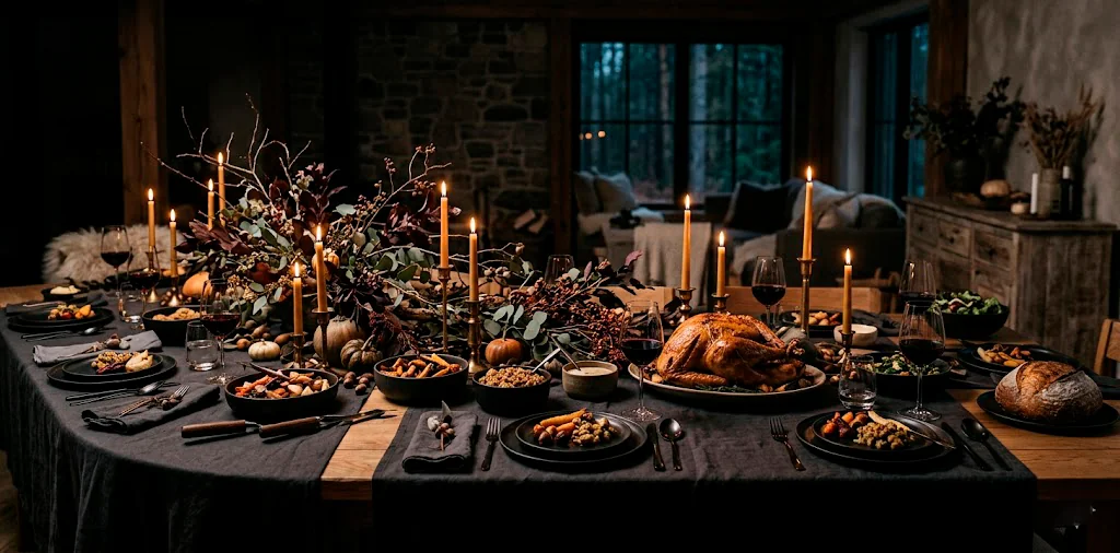 A wide view of a moody Scandi-Noir Thanksgiving table setting featuring dark linens, matte ceramics, and taper candles.