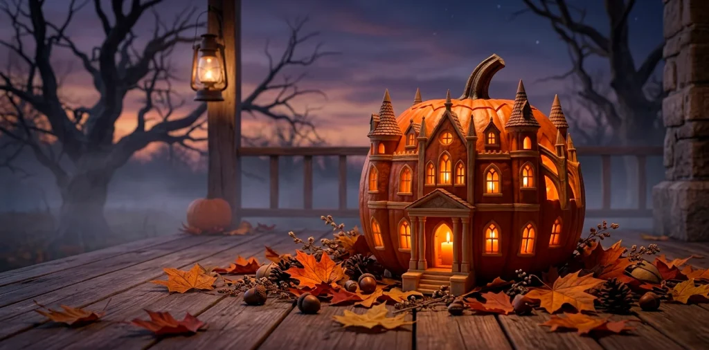 Intricate architectural Halloween pumpkin carved like a glowing miniature gothic mansion on a porch.