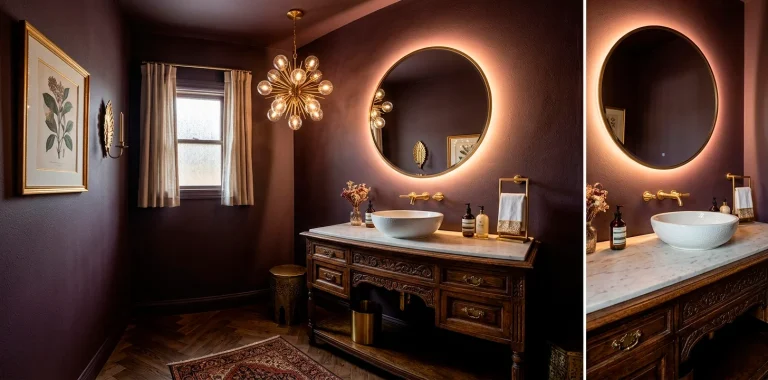 Wide view of a luxurious statement powder room with dark plum walls and an antique vanity