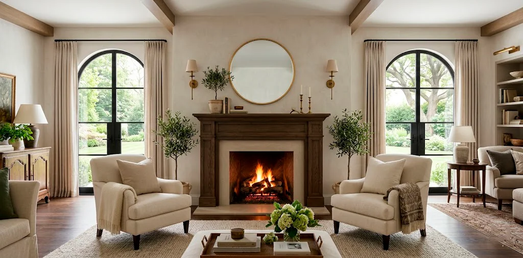 Perfectly symmetrical living room fireplace with matching chairs and brass sconces.