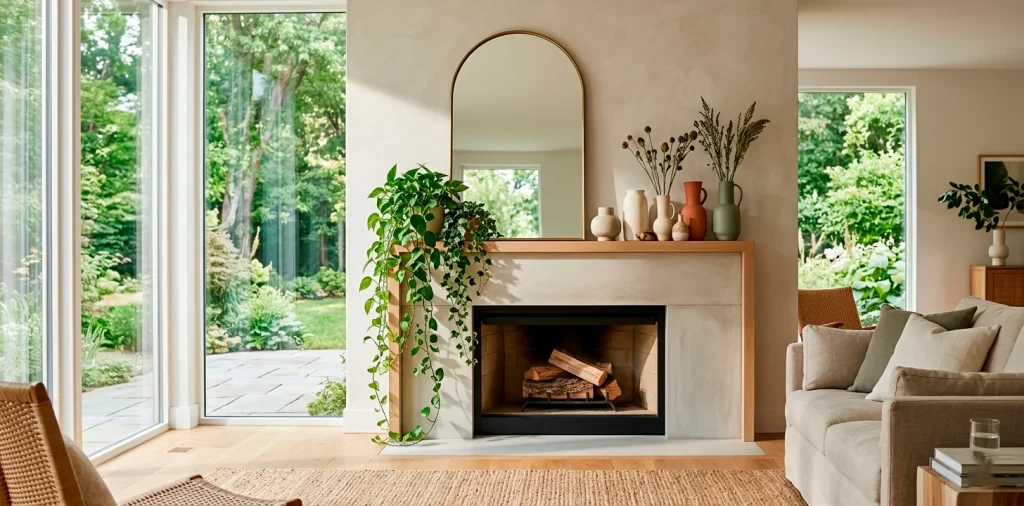Modern asymmetrical summer fireplace mantle styling with leaning mirror, ceramic vases, and trailing greenery in a bright living room.