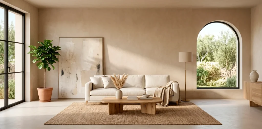 Minimalist living room featuring an off-white linen sofa and warm textured plaster walls in natural light.