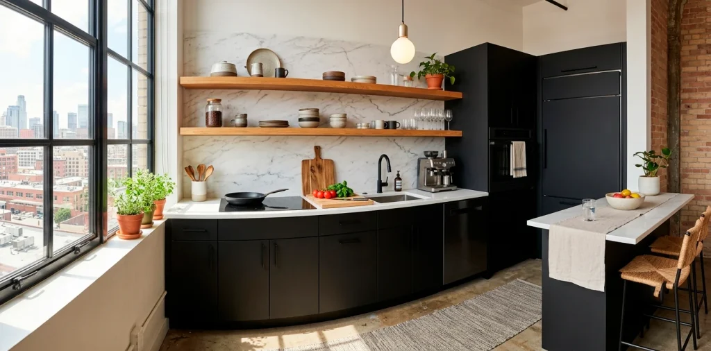 Modern small urban kitchen design featuring matte black cabinets, white marble backsplash, and warm oak floating shelves.