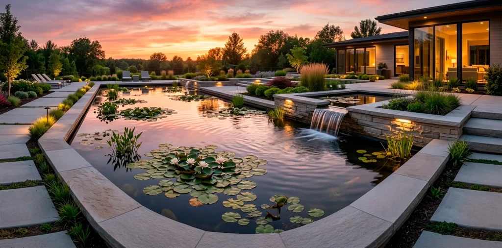 Wide view of a modern architectural backyard pond with water lilies and a waterfall at sunset