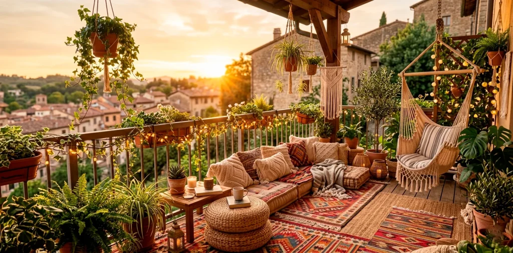Cozy bohemian balcony with layered rugs, floor cushions, and fairy lights at sunset.