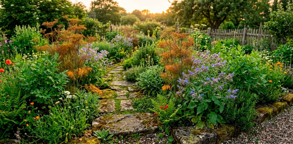 A lush rustic garden bed filled with diverse heirloom herbs alongside a mossy stone path.