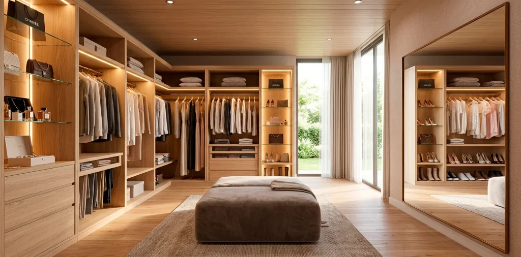 Luxurious personal dressing room with custom oak wardrobes, velvet ottoman, and ambient lighting.
