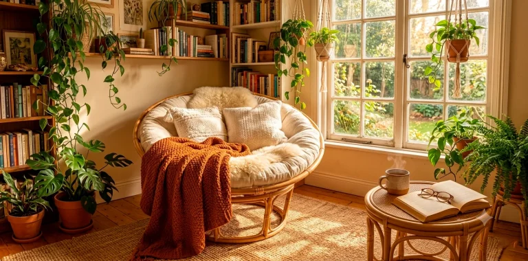 Cozy boho reading nook with woven rattan papasan chair and lush green plants