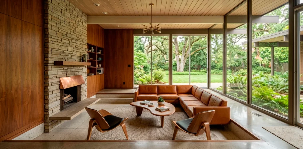 Mid-Century Modern living room featuring a stacked stone fireplace and walnut wood paneling walls.