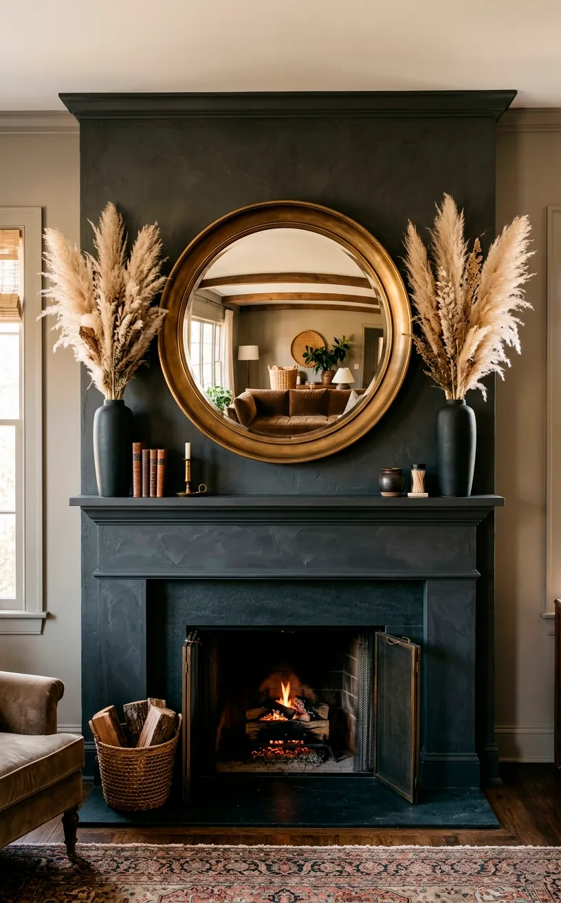 Dramatic charcoal fireplace mantle anchored by a large round gold mirror.