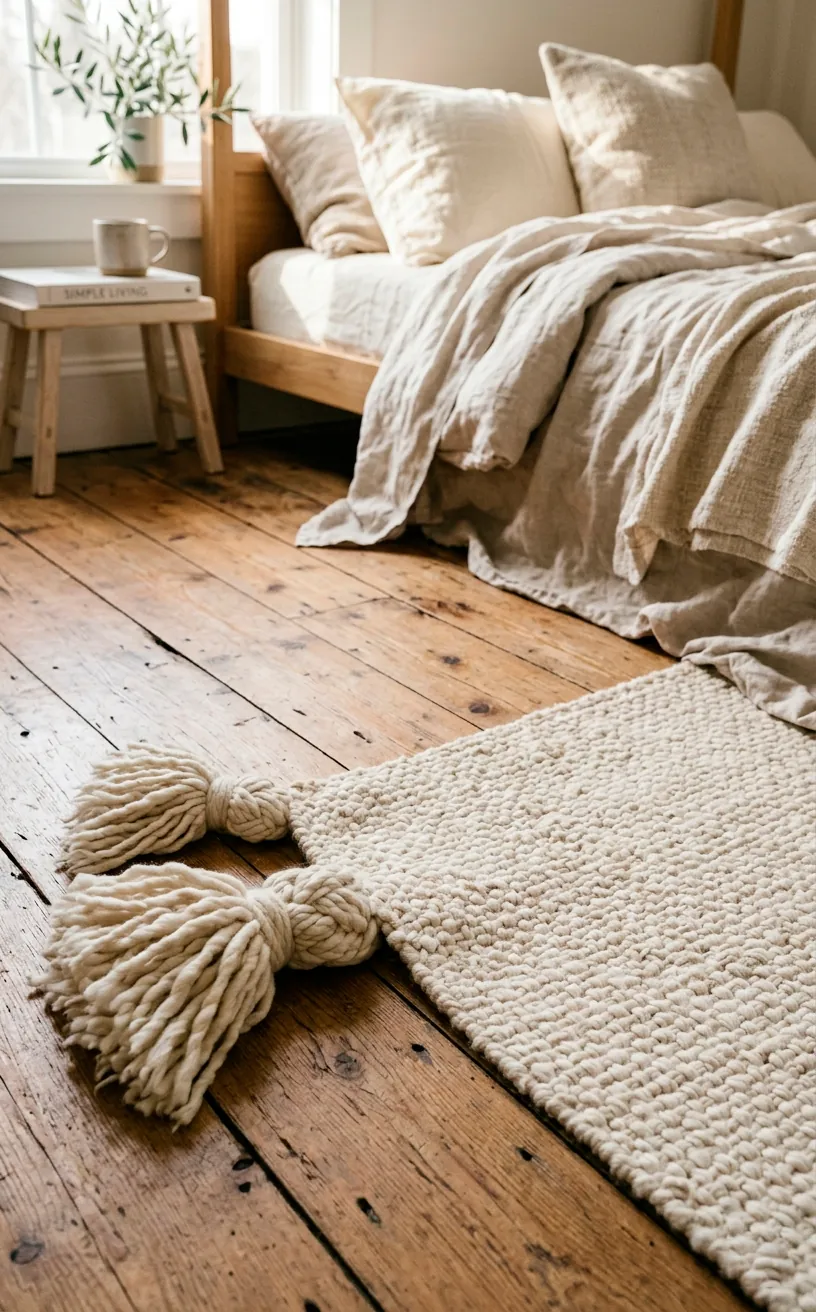Ivory woven wool rug with oversized tassels in a cozy bright bedroom.