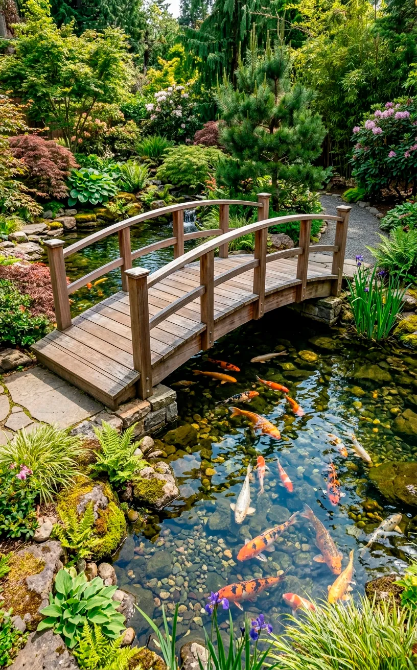 A perfectly scaled 48 inch wide wooden bridge over a backyard koi pond