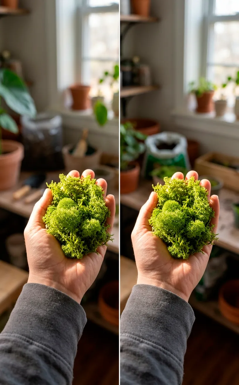 Person holding soft preserved green moss in their hands at an indoor potting station.