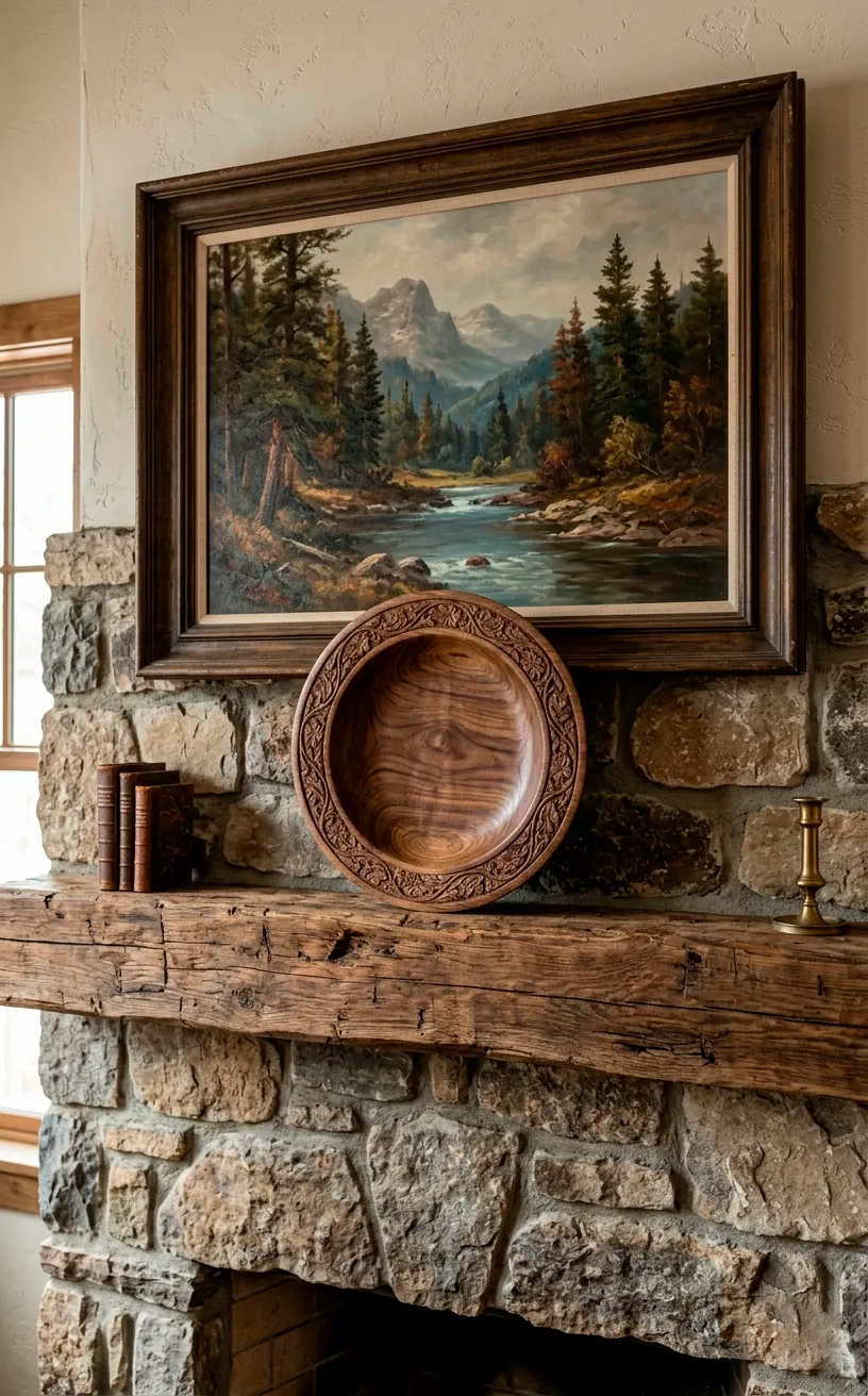 Shallow carved wooden bowl sitting perfectly flat below an oversized art piece on a mantle.