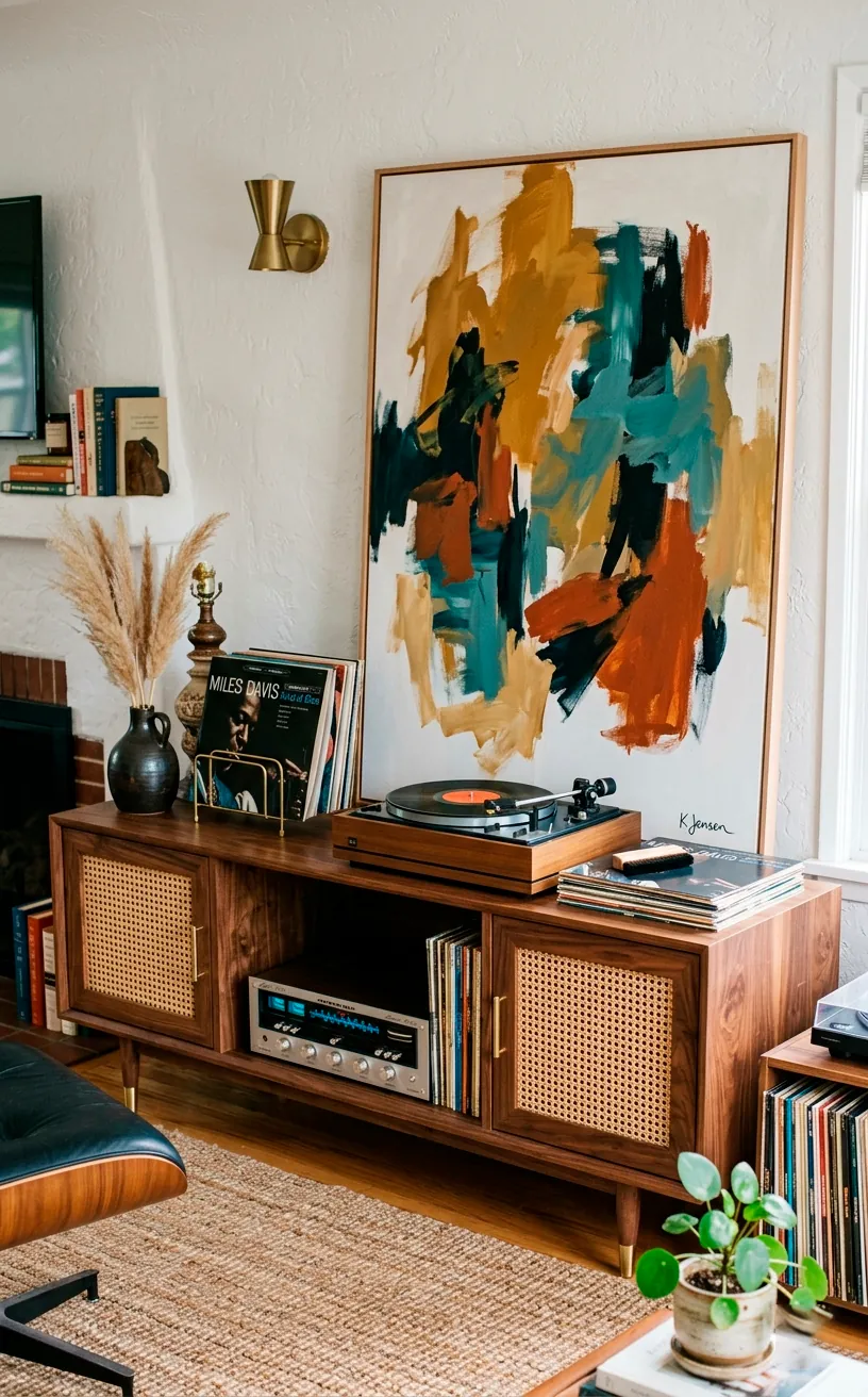 A stunning mid-century modern walnut media console paired with a vintage record player and abstract art.