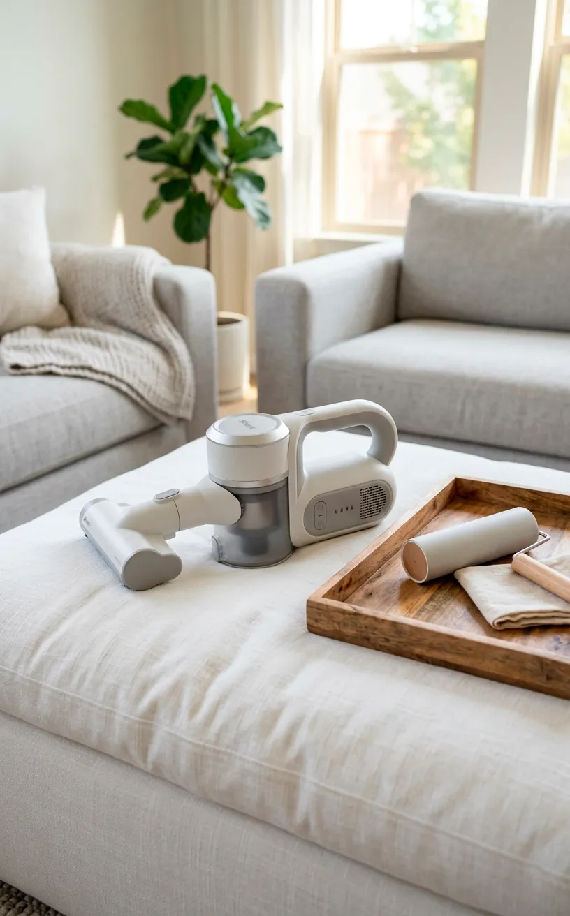 Handheld vacuum cleaner and lint roller resting on a white sofa cushion