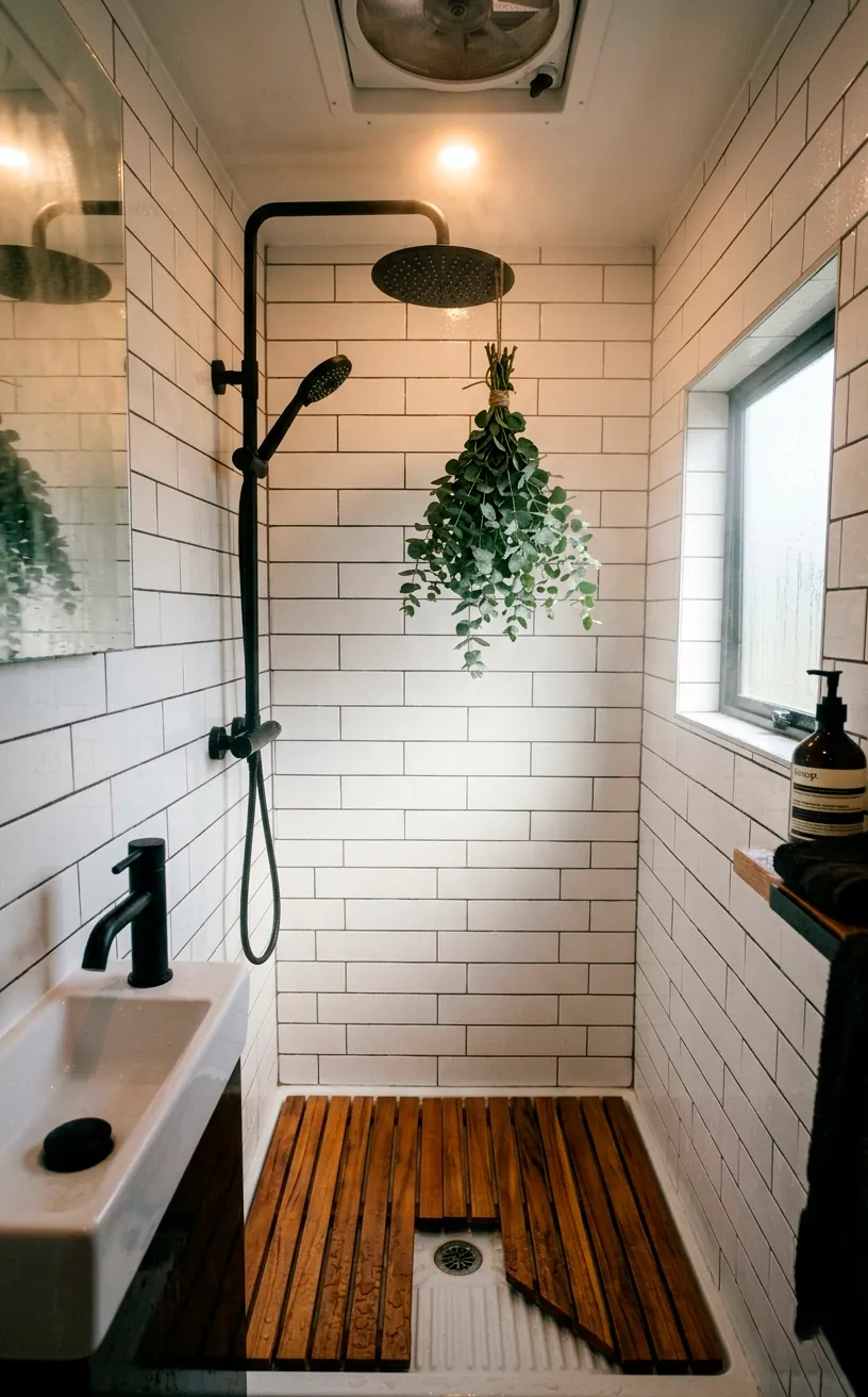 Luxury van wet bath with a teak shower mat and a hanging eucalyptus bundle.