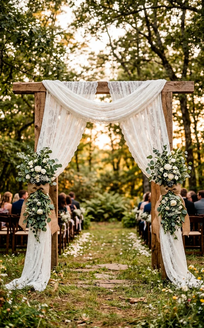 Wooden wedding arch draped in flowing lace and secured with burlap ribbons and fresh eucalyptus