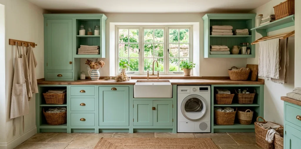 Wide view of a beautiful cottage laundry room featuring pastel mint cabinets and vintage farmhouse sink.