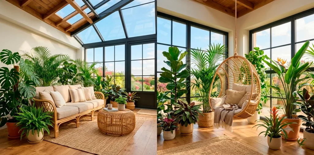 Bright tropical sunroom featuring woven rattan furniture and lush green plants.