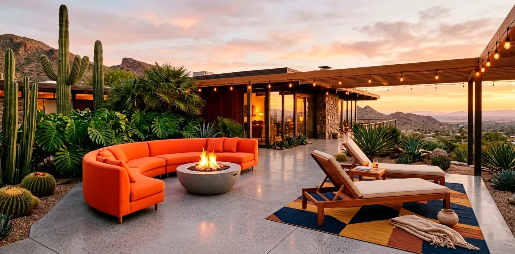 Luxurious mid-century modern patio featuring an orange kidney sofa, teak loungers, and a geometric rug at sunset.