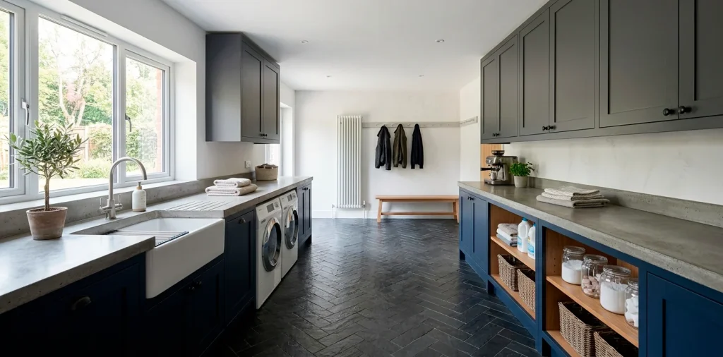 Wide view of a moody utility room with navy cabinets and charcoal gray accents