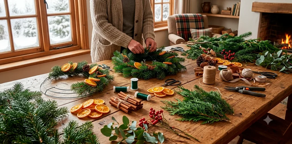 Wide view of a rustic table covered with fresh pine branches, dried orange slices, and wreath-making supplies