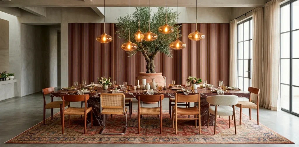 Sophisticated modern dining room featuring a heavy marble table, low amber pendant lights, and a large indoor olive tree.