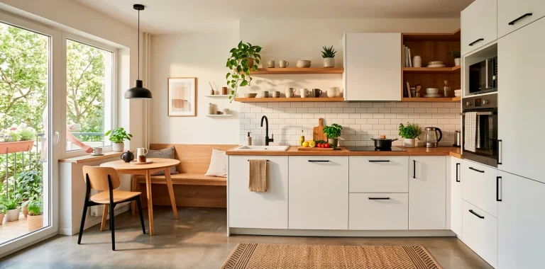 Modern small space kitchen interior showcasing sleek matte black hardware on white cabinets.