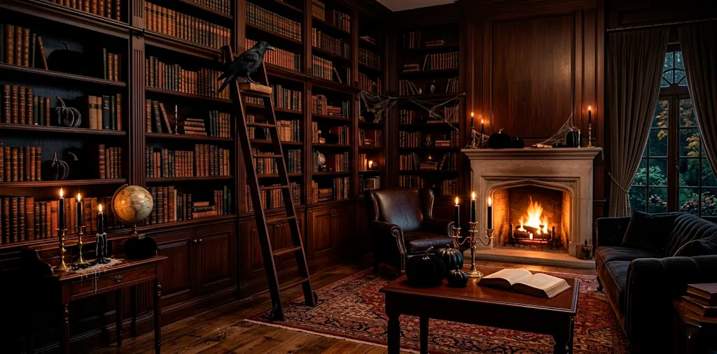 Sophisticated dark wood library decorated with moody indoor Halloween decorations including black taper candles and velvet pumpkins.
