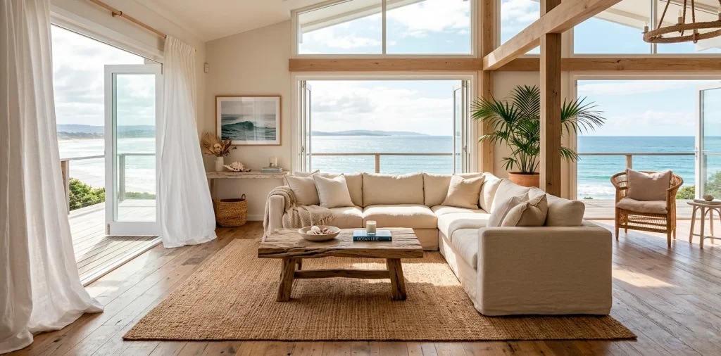 Sun-drenched beach house living room featuring a creamy linen sofa, jute rug, and driftwood table in sandy neutral tones.