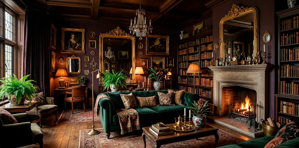 Wide view of a rich and moody maximalist parlor featuring a luxurious velvet tuxedo sofa.