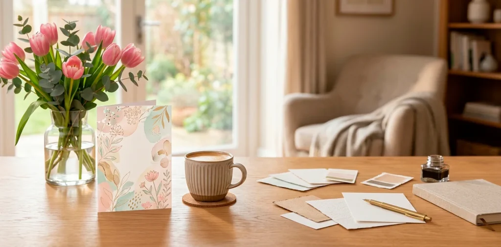 Modern Mother's Day custom greeting card sitting on an oak desk with fresh pink tulips and a ceramic coffee mug.